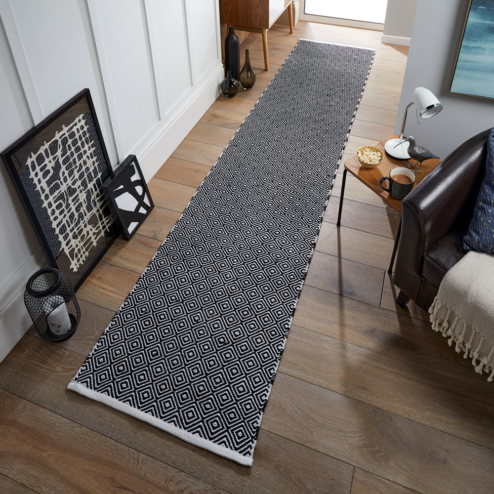 Brittany Flatweave Indoor Outdoor Diamond Runner Rug in Black White